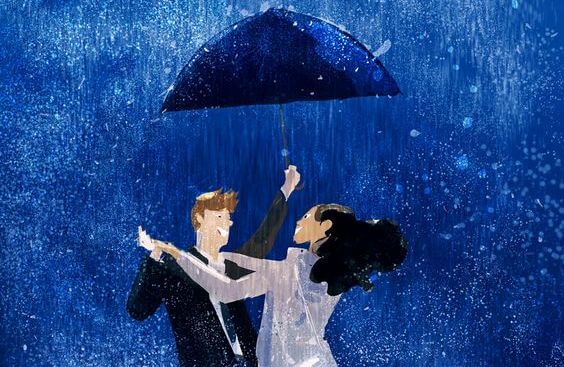 빗 속에서 우산을 쓰고 춤 추는 연인