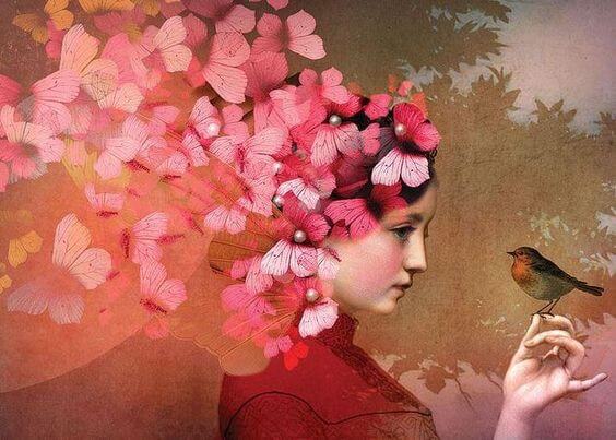 꽃과 새에 둘러싸인 여자