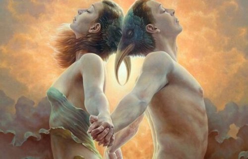 등을 대고 손을 잡고 있는 연인