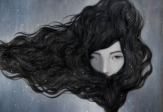 검은 머리카락에 가려진 여자