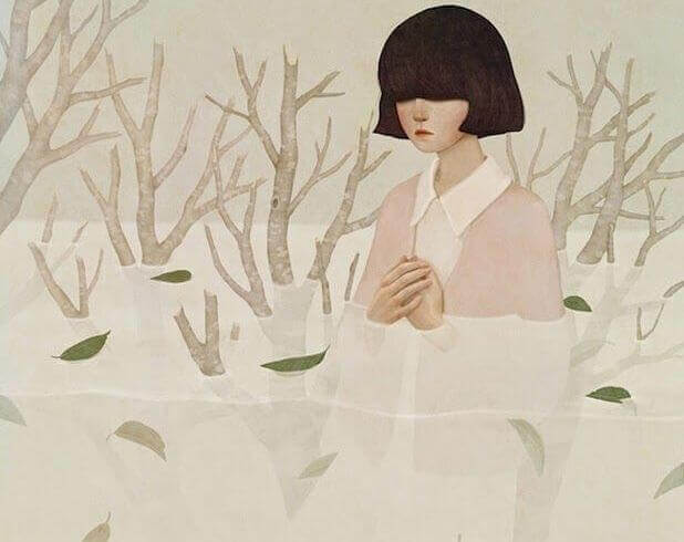 삶을 괴롭게 만드는 왜곡 속에 고민하는 여자