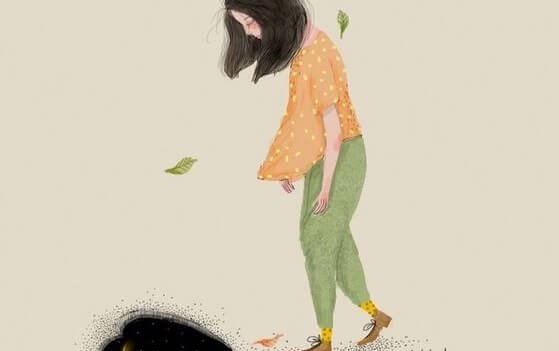 바닥을 보며 걷는 여자
