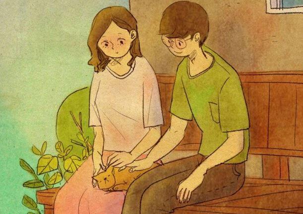 고양이를 쓰다듬는 커플