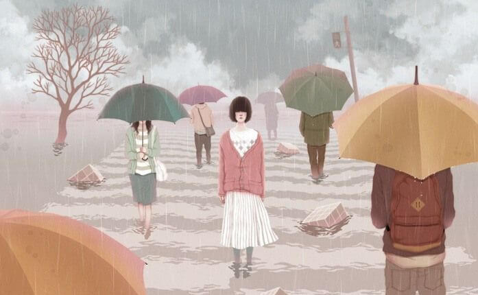 빗 속 횡단보도 건너는 여자: 편견 없는 경청이 위로가 된다