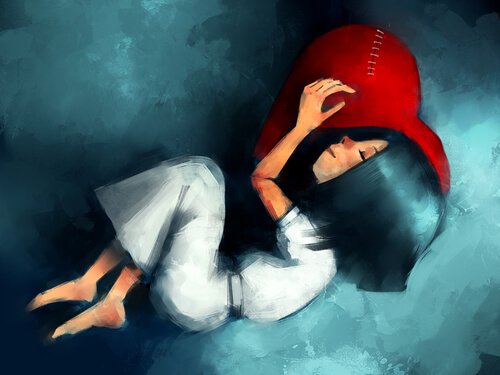 꿰맨 빨간 하트 방석을 베고 자는 여자 그림