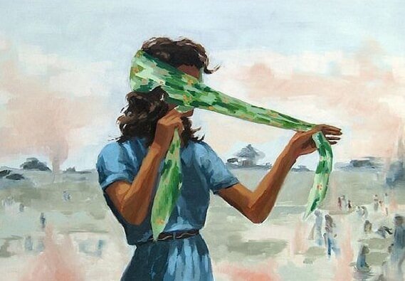 스카프로 눈을 가리는 여자 그림