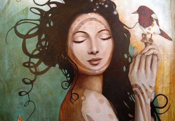 얼굴에 원이 그려지고 손에 새를 가진 여자 그림: 오스카르 소리아