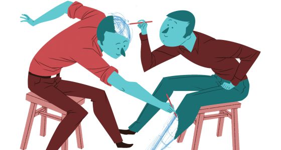 두 남자가 서로 부족한 부분을 그리는 그림