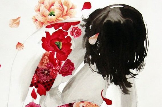 고개 숙인 검은 머리 사람 그림