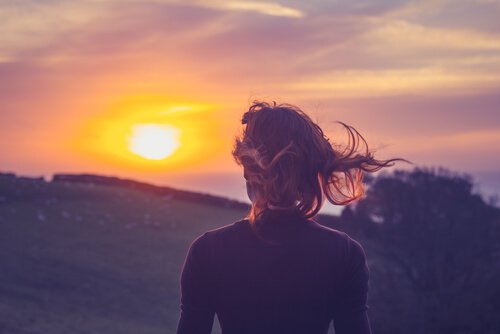 태양을 바라보고 있는 여자 뒷모습 사진