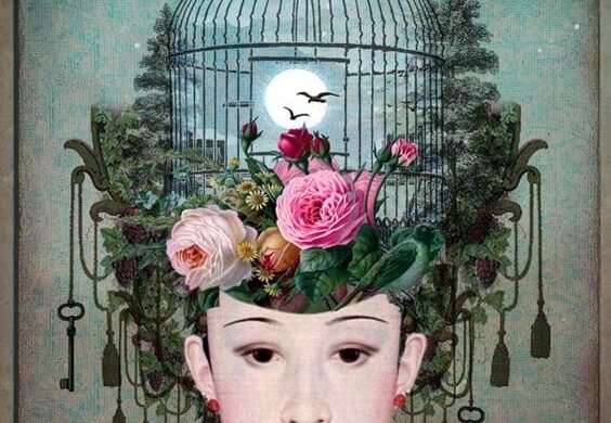 머리 위에 열린 새장이 있는 여자 그림: 날아오르는 것을 막는 끈